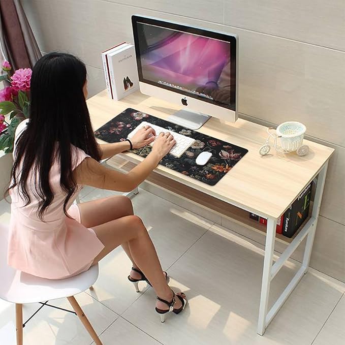 Dark Floral Large Mouse Pad Desk Mat, 27.5x11.8in Vintage Botanical Desk Pad Keyboard Mousepad with Stitched Edges, Non-Slip Waterproof Rubber Base for Office, Computer & Laptop