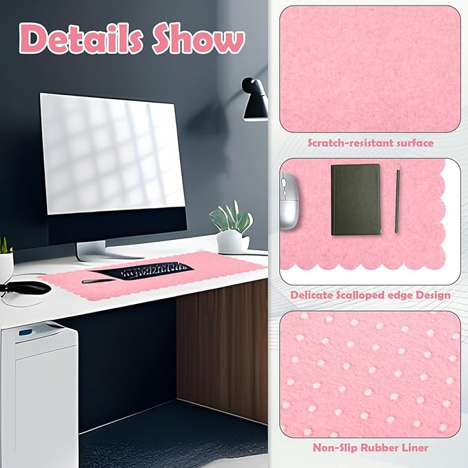 Copkim 35 x 16.5 Inch Felt Desk Mat with Scalloped Edges, Large Felt Mouse Pad Non Slip Scalloped Computer Laptop Desktop Pad for Keyboard and Mouse Home Office(Pink)