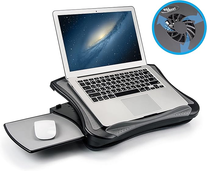 MAX SMART Laptop Lap Pad Laptop Stand with Attached Mouse Pad, Cushion and USB Cooling Fan, Non-Slip Heat Shield Tablet Computer Stand for Sturdy Work Station for Home, Office, Bed Sofa, Couch and Car