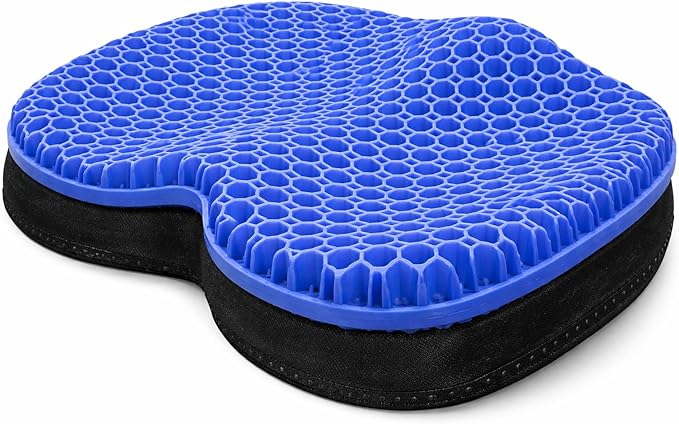 Blue Gel TPU Seat Cushion — Contoured Honeycomb Cooling Gel Cushion for Long Sitting, Pressure Relief for Tailbone & Sciatica, Non-Slip Washable Cover — 15.35 x 12.6 in
