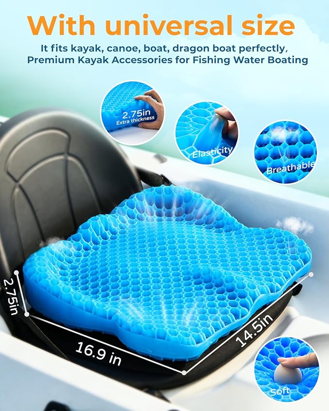 Premium Gel Kayak Seat Cushion, Thickened Non-Slip Waterproof Seat Pad, Breathable Universal Fit for Canoe Fishing Boat, Portable Washable Kayak Accessories, with Safety Travel Flag - Blue