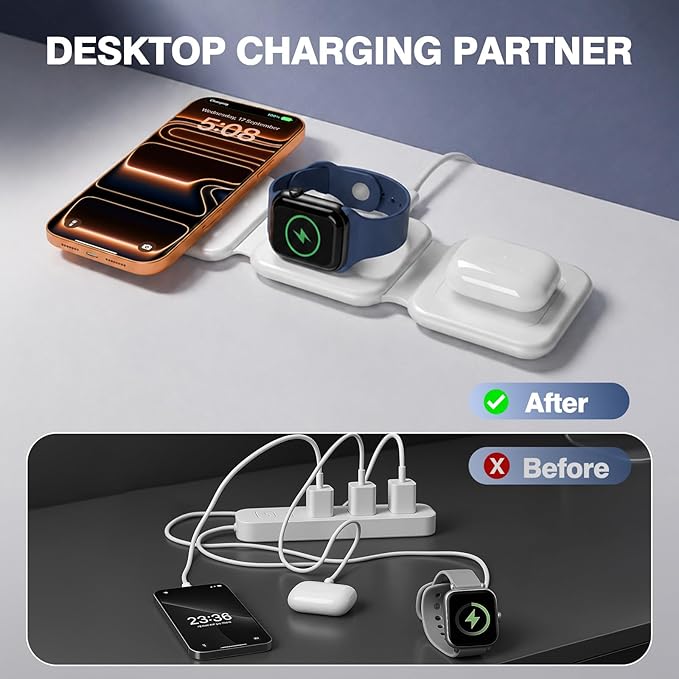 15W Travel Charging Station for Apple Multiple Devices, 3 in 1 Foldable Magnetic Wireless Charger-Qi2 Fast Charging Pad for iPhone Air 17 16 15 14 13 12 Pro Max, Watch & Airpods-Slim, Portable, White