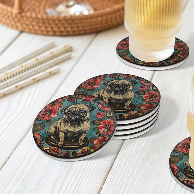Pug Ceramic Drink Coasters Absorbent Set of 4 with Cork Bottom Bar Table Cupholder Coasters for Dog Mom Dad Lover Bedroom Patio Dining Glass Wooden Coffee Table Kitchen Office Desk