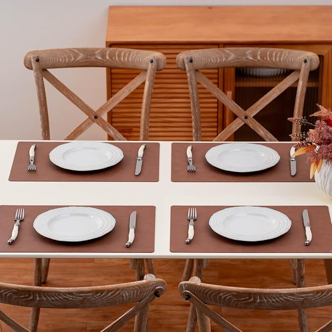 Placemats Set of 4 - Faux Leather 100% Waterproof Oil-Proof Wipeable PU Place Mats, Heat Resistant Reversible Table Mats for Kitchen, Dining, Outdoor (Reddish Brown)