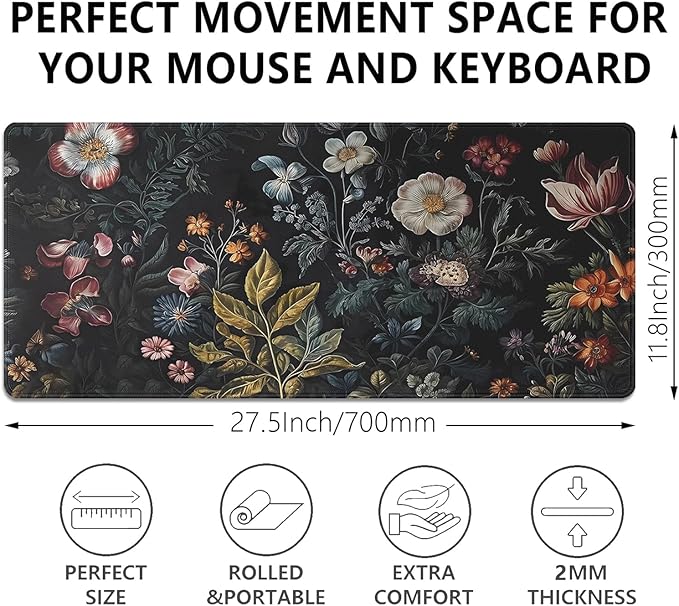 Dark Floral Large Mouse Pad Desk Mat, 27.5x11.8in Vintage Botanical Desk Pad Keyboard Mousepad with Stitched Edges, Non-Slip Waterproof Rubber Base for Office, Computer & Laptop