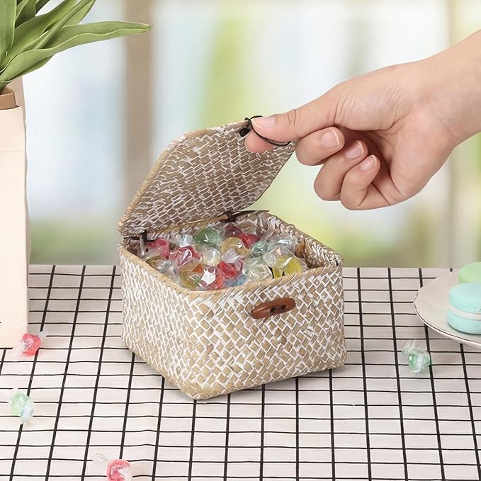 Hipiwe Small Seagrass Basket with Lid Handwoven Decorative Shelf Basket Mini Wicker Storage Box Multipurpose Desktop Organizer for Key Hair Ties, Whitewash 4.7" x 4.7" x 3"