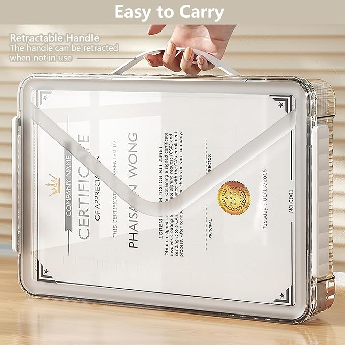 SAYEEC Clear File Storage Box Portable Project Case with Handle Plastic Storage Container with Lid Stackable Flat Storage Bin Document Magazine Protector Organizer for A4 Paper Photo Craft Scrapbook