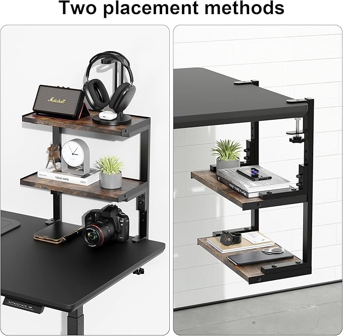 2-Tier Desk Shelf, Expandable Under Desk Storage, Clamp on Desk Shelf, Desktop Accessories for Offices, Study Rooms, and Game Rooms (Wood)