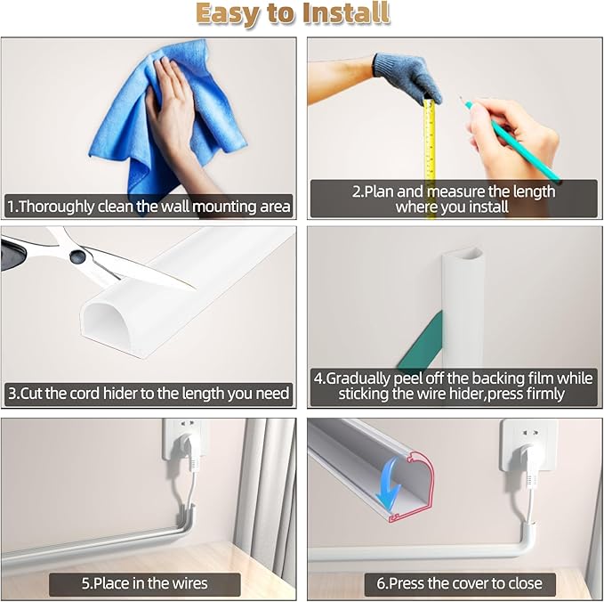 118" Side Open One Cord Hider (<1/4") for Wall Mounted Tv,Silicone Flexible Cable Cover to Hide Conceal Cords Along Wall,Wire Raceway Management Cable Concealer Channel,Electric Cord Organizer,White
