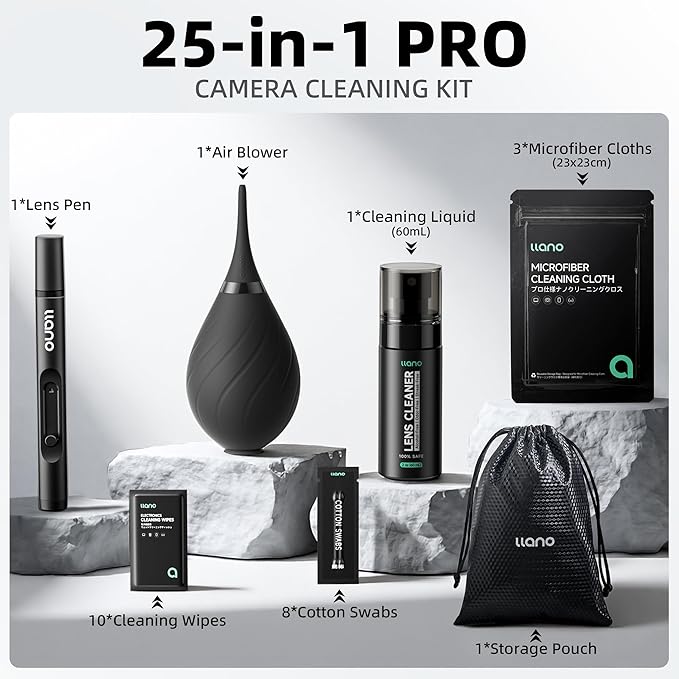 llano 7-in-1 Camera Lens Cleaning Kit with Cleaning Solution 60ml, Swab, Pen, Air Blower, Nano-Fiber Cloth, Wipes, Multifunctional Cleaning Kit for Computer PC MacBook iPhone Camera