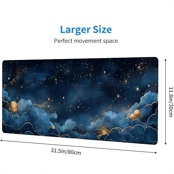 Watercolor Navy Blue Gaming Mouse Pad Celestial Clouds Star Gold Lines Large Gaming Mouse Mat with Stitched Edges,Non-Slip Waterproof Rubber Base Mous Mat 31.5x11.8 Inch