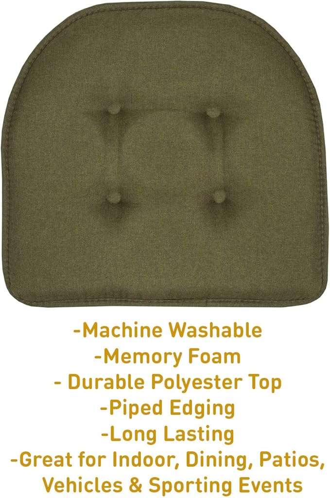 Sweet Home Collection Chair Cushion Memory Foam Pads Tufted Slip Non Skid Rubber Back U-Shaped 17" x 16" Seat Cover, 6 Pack, Army Green, (Pack of 2)