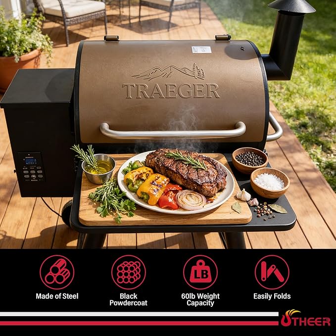 Utheer Folding Front Shelf for Traeger Pro 22, Pro 575, Ironwood 650 Pellet Grills, BAC362 Grill Accessory 25" x 12", Heavy-Duty Steel Table Supports 60 LBS, Foldable Prep & Storage Station