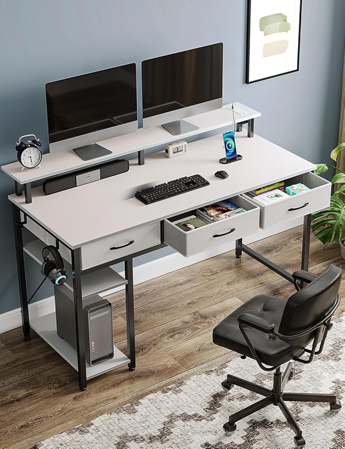 Rolanstar Computer Desk with Power Outlets & LED Light, 39 inch Home Office Desk with 3 Drawers and Storage Shelves, Writing Desk with Monitor Stand, Work Desk for Home Office,White