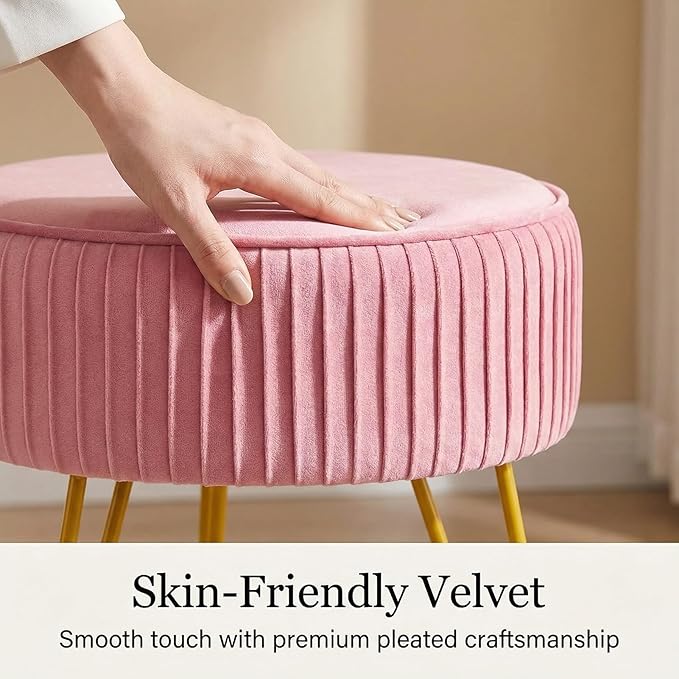Velvet Vanity Stool, Modern Ottoman Foot Rest Stool with Adjustable Golden Legs, Makeup Chair for Vanity, Multifunctional Small Vanity Chair for Bedroom, Pink