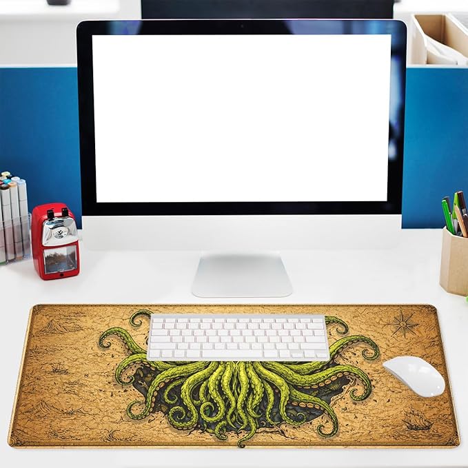 Octopus Monster Mouse Pad Cthulhu Dark Sea Pirate Fantasy Mousepad Extended Large Laptop Keyboard Non-Slip Rubber Base with Stitched Edges for Home 31.5x11.8 Inch
