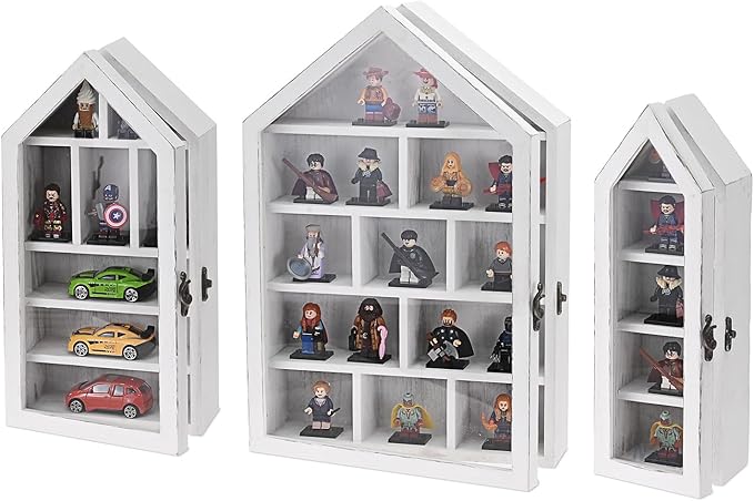 Ikee Design 3 Pcs Set Wall-Mounted House-Shaped Wooden Shadow Cubby Box Display Shelf with Door Storage Display Case for Collectibles, Trinkets, Mini Figures, Antique White, 21.1W x 3.1D x 14.8H in
