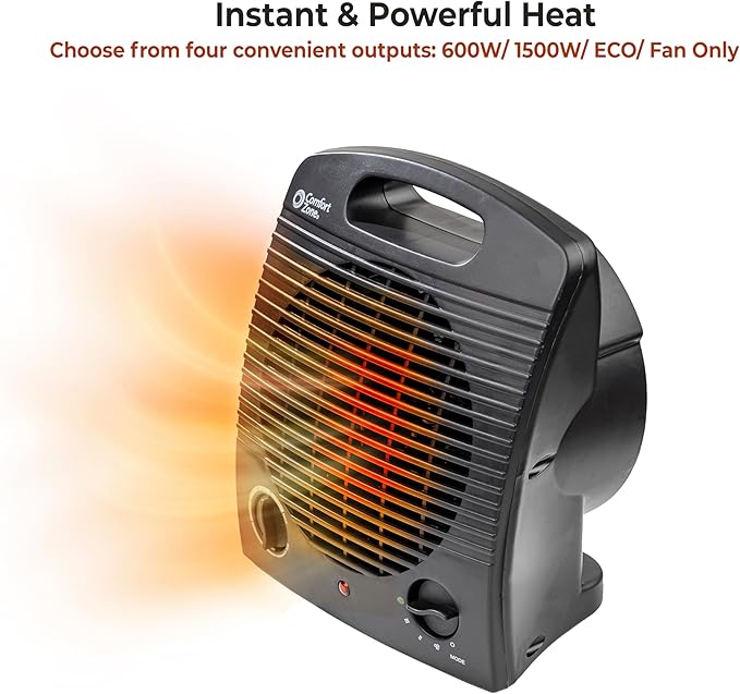 Comfort Zone Indoor Space Heater, Portable, Fan Forced, Electric, Adjustable Thermostat, Overheat Sensor, Safety Tip-Over Switch, & Stay Cool Housing, Ideal for Home, Bedroom, Office, 1,500W, CZ35EBK