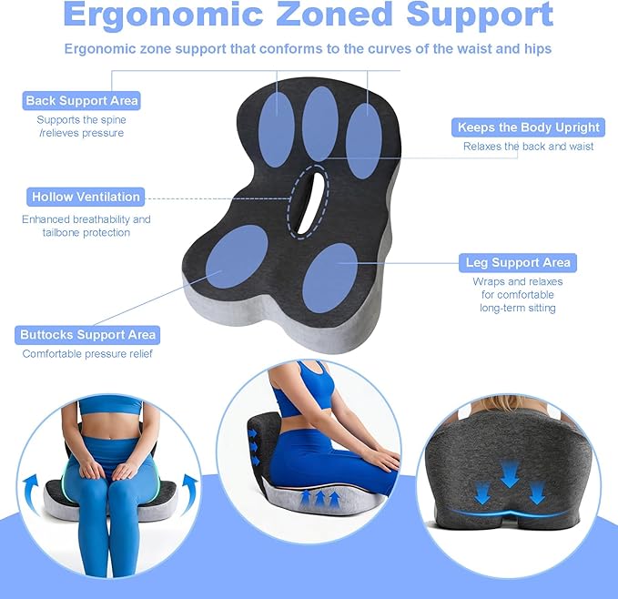 Memory Foam Seat Cushion for Long Sitting,Chair Pads,L-Shaped Ergonomic Design for Office Chair & Truck Drivers,Improve Comfort During Prolonged Sitting(Black Gray)