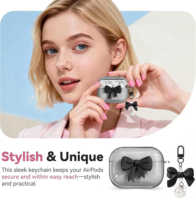 for AirPods Pro 3 Case 2025 with Safety Lock & Phone Stand, Cute Clear Pink 3D Bow Cover with Keychain & Cleaning Kit, Auto-Open TPU Protective Shell for AirPods Pro 3rd Generation Women Girls (Black)