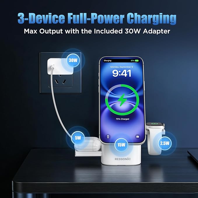 3 in 1 Wireless Charging Station for Apple & Samsung, Qi2 Certified 15W Fast Magnetic Wireless Charger Stand for Magsafe iPhone 17/16/15/14/13/12 Pro Max, Galaxy S25/24/23/22, AirPods, iWatch