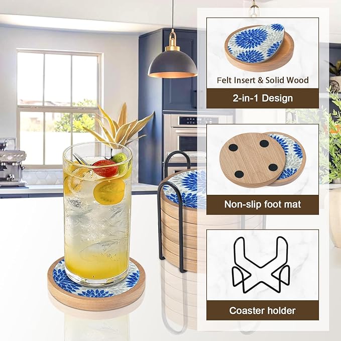 Wood Coasters Set of 6 with Holder, Cewiru Cup Mat for Drinks, Absorbent Coasters with Felt Insert for Coffee Table Protection, Modern Style Home Dining Table Decor, 4.3" Blue