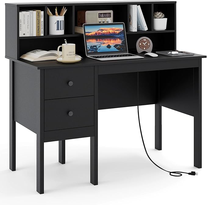 Giantex Black Desk with Drawers & Hutch, Home Office Desk with Charging Station, 5 Storage Cubbies, Makeup Vanity Table, Modern Study Writing Desk, PC Laptop Desks, Computer Workstation for Bedroom