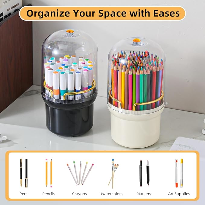 360-Degree Rotating Colored Pencil Holder with Lid, Pencil Organizer Holds 100 Long Pencils with 7 Slots for Desk, Caddy Art Supply Organizer, Multi-function Makeup Brushes Ogranizer (Ivory White)