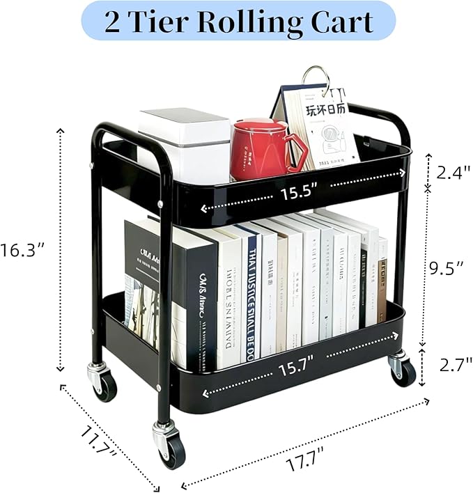 2 Tier Rolling Cart with Wheels for Under Desk Storage & Pantry Room, Large Capacity Laundry Room & Makeup Organizer, Sturdy Kitchen Utility Cart for Small Space with 4 Hooks, Black