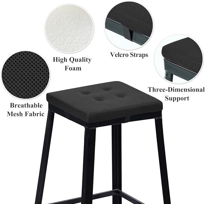 baibu 12 Inches Memory Foam Square Stool Cushions with Ties Set of 2, Dual-Layer Design Breathable Square Chair Pads Seat Cushions with Non-Slip Bottom - Only 2 Pads (12" (2PC), Black)