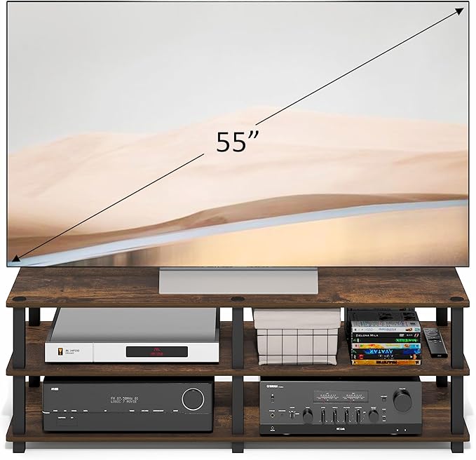 Furinno Turn-S-Tube Toolless Assembly 3-Tier TV Stand, Entertainment Center for TV up to 46 Inch, Wide Printer Stand with Storage Shelf, for Living Room, Bedroom, Amber Pine