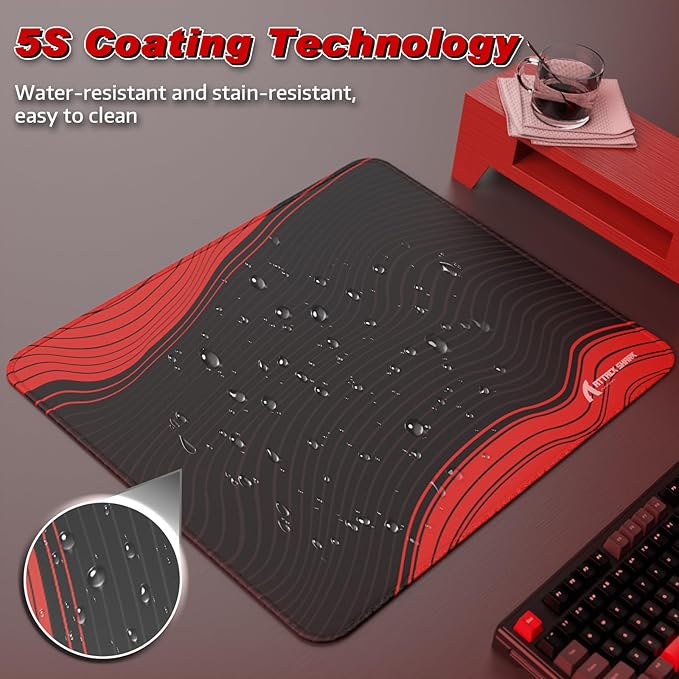 ATTACK SHARK CM02 Gaming Mouse Pad Esports Speed Large Mouse mats for Desk Waterproof Surface Stitched Edges and Anti-Slip Rubber Base Size XL Laminate 17.72” x 15.75” x 0.16” Black/Red