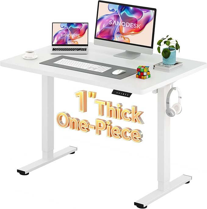 SANODESK Electric Standing Desk 48 x 30 Inches Whole-Piece Desktop Height Adjustable Stand Up Desk w/6-Button Controller Ergonomic Computer Desk for Home Office, White Frame + White Tabletop