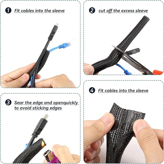 Wire Loom Tubing, 10ft Split Braided Cable Management Sleeve, Flexible Mesh Cord Protector Cable Sleeve for TV Computer (Black, 1")
