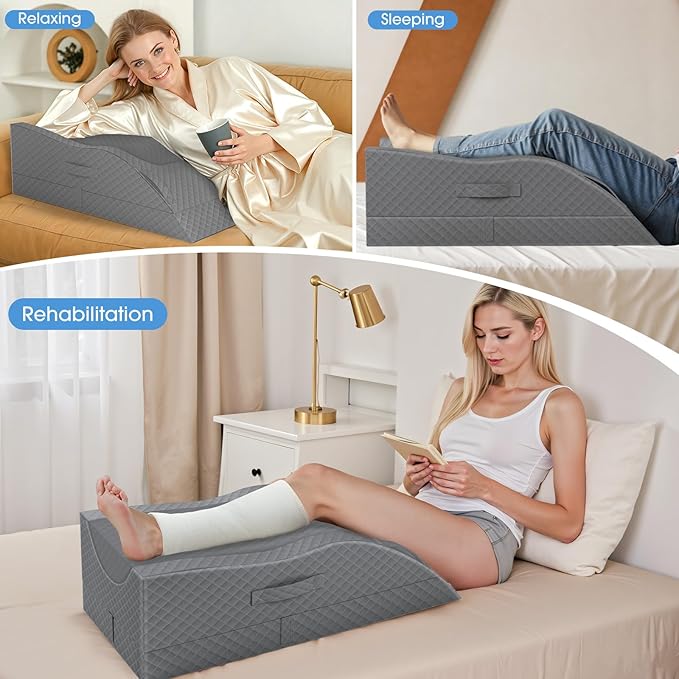 TranquilRelax Leg Pillow, Leg Elevation Pillow with Pad and Memory Foam, Height Adjustable Bolster Pillow for Legs, Leg Pillow Elevation Blood Circulation, for Post-Surgery, Full Grey