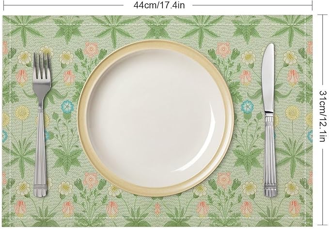 William Morris Floral Placemats Vintage Flower Art Style Boho Chic Retro Floral Linen Washable Table Mats Stain Heat-Resistant Desktop Decor Place Mats for Home Kitchen Dining Party 12x18 in 6 Pcs