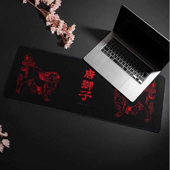 BELLEMOND Japanese Art Desk Mat | Large 31.5x11.8in Anime Mouse Pad for Keyboard & Mouse | Non-Slip Base, Water-Repellent | Original Japanese Design | Kara-jishi - Twin Lions