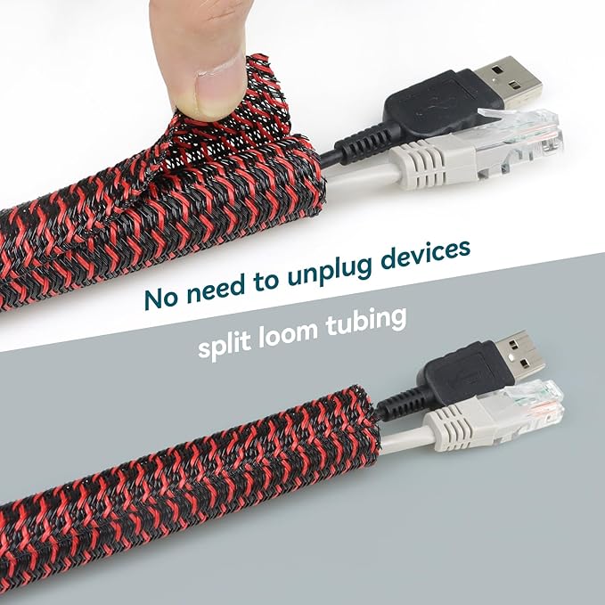 Wire Loom Tubing, 10ft Split Braided Cable Management Sleeve, Flexible Mesh Cord Protector Cable Sleeve for TV Computer (Red and Black, 3/16")