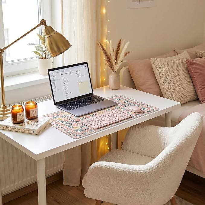 iCasso Pink Aesthetic Flower Mouse pad for Laptop, Desk Matt for Desktop 13.7"x23.6", Anti-Slip Mousepad with Stitched Edges for Laptop Computer Keyboard(Pink Floral)