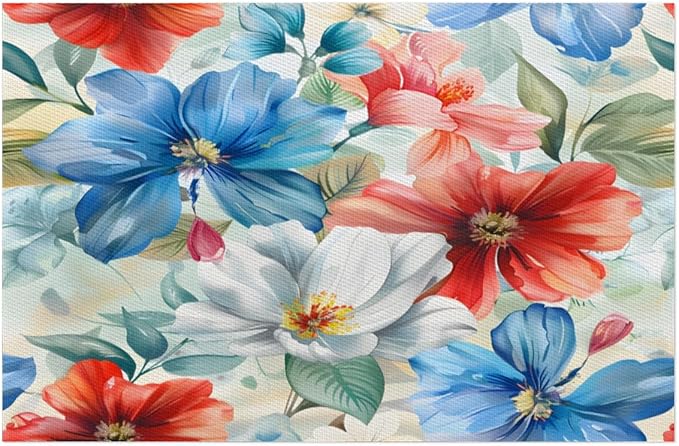 Placemats Set of 4 Heat-Resistant Rectangle Place Mats Floral Flower Colorful Washable Plastic PVC Dining Table Mat Non-Slip Wipeable Woven Vinyl Placemat for Kitchen Patio Table Decor