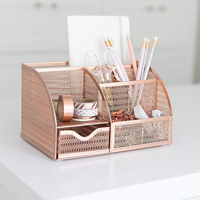 BLU MONACO Rose Gold Mesh Metal Desk Organizer with Drawer – 6 Compartments for Office Supplies & Accessories
