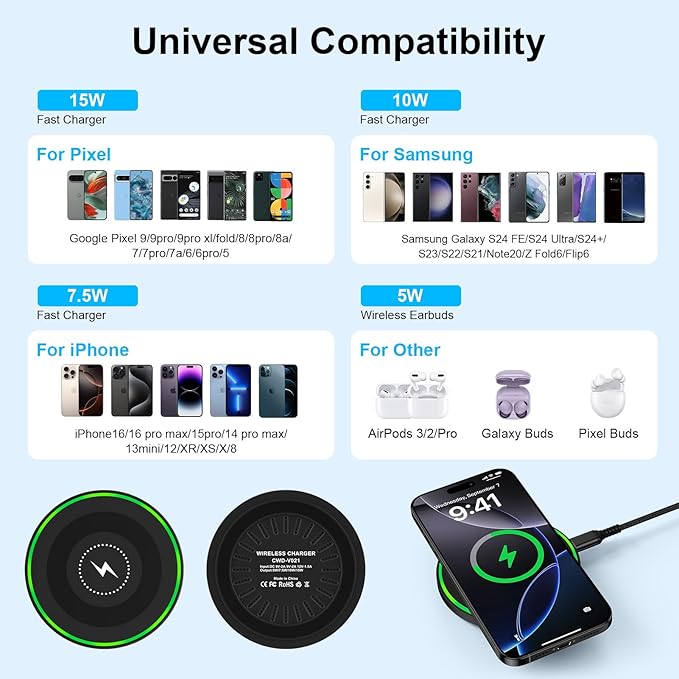 15W Wireless Charger Fast Charging Pad for Motorola Moto G Power 2025/razr+/G Stylus 5G 2025/Edge+, Android Wireless Charging Station with 18W Adapter for Samsung Galaxy S26 S25 Ultra S24 FE, Pixel 10