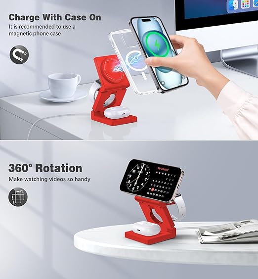 3 in 1 Wireless Charging Station for Apple Multple Devices - Foldable Magnetic Wireless Charger Dock -Travel 18W Charging Pad for iPhone 16 15 14 13 12 Pro/Pro Max/Plus/Watch & Airpods All Series Red