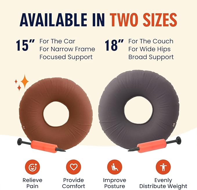 Dr. Frederick’s Original Inflatable Donut Pillow - 18" Seat Cushion for Tailbone Pain, Hemorrhoids & Bed Sores – Doctor-Developed for Postpartum, Prostatitis & Travel - Odor-Free, Durable Vinyl - Gray
