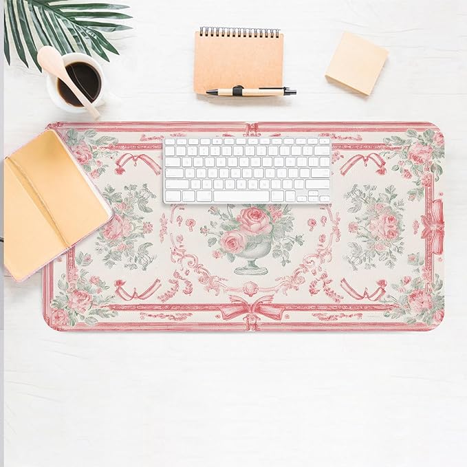 Desk Mat Large Mouse Pad, Non-Slip PU Leather Gaming Mousepad Keyboard Mouse Mats Desk Pads 27.5"x13.8" for Work Office Decor Gifts Pink Bow