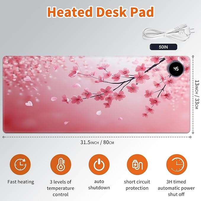 Heated Mouse Pad,Warm Desk Pad with 3 Levels Heating & 3 Hours Auto Shut-Off, PU Leather Heated Desk Pad Warmer Pad for Home Office - 31.5 x 13 inch,Cherry Blossoms