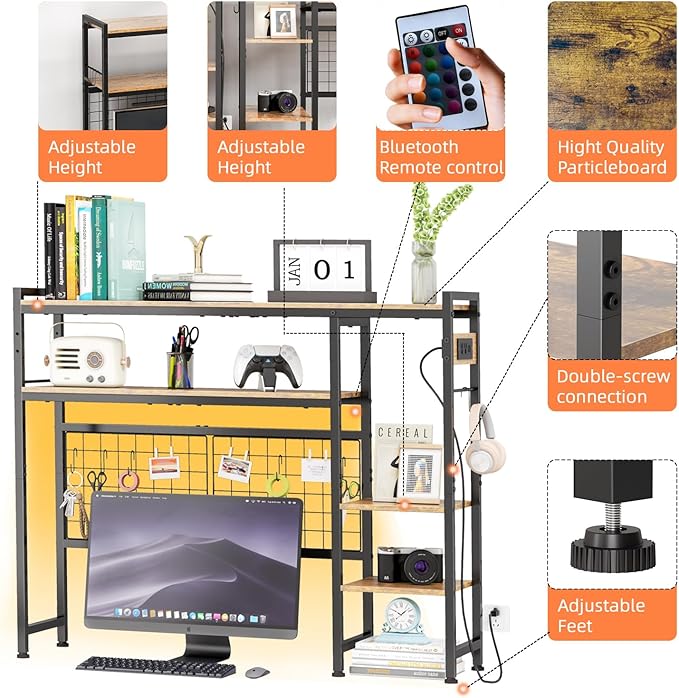 Desk Shelf for Top of Desk, 41.3" Desktop Organizer Shelf with Grid Panel & LED Lights, Desk Hutch for Computer Monitor, Wood Desktop Bookshelf for Home Office Dorm, with Power Outlets