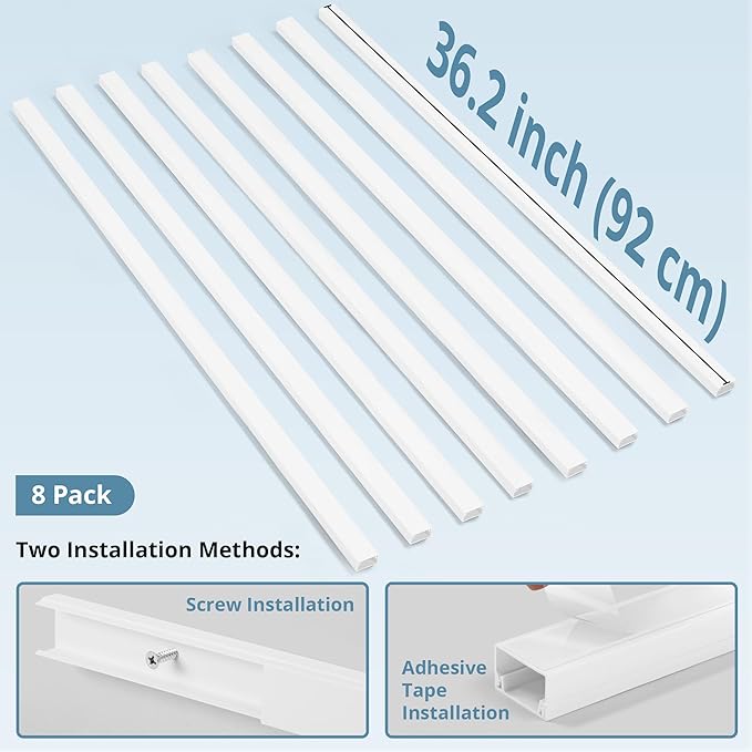 Cord Covers for Wires on Wall Extra-Long, 24ft TV Cord Hider Kit, Paintable Cable Management Concealer, TV Wire Hider for Wall, White Cable Raceway Channel, 8 x L36in x W0.95in x H0.55in