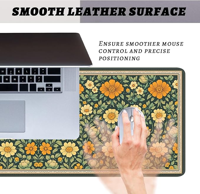 Vintage Floral Mouse Pad, Dark Green Orange Garden Gaming Desk Mat Extended Laptop Keyboard Non-Slip Rubber Base with Stitched Edges for Home, 31.5x11.8in Desk Home Office Gaming