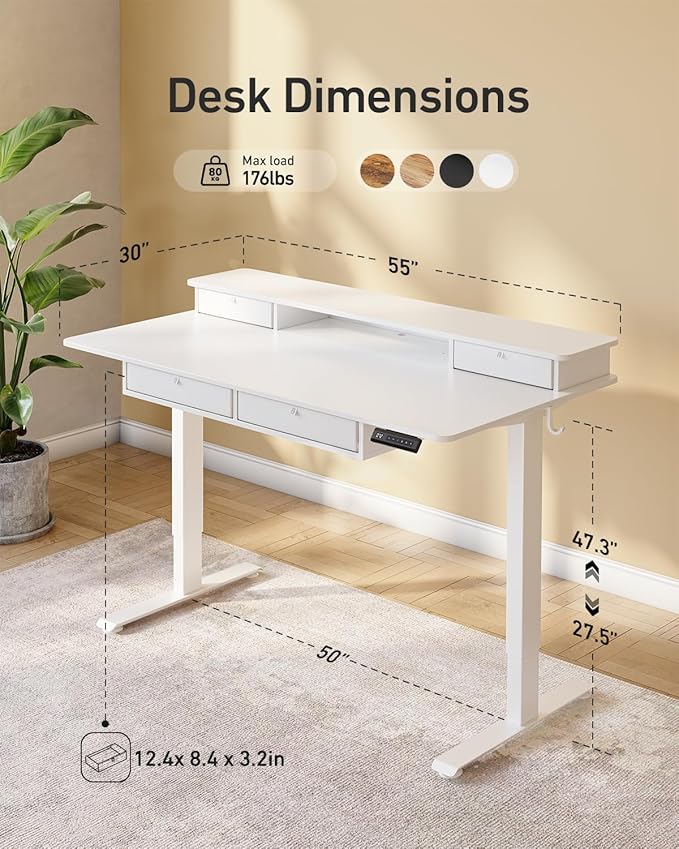 FEZIBO 55 x 30 inch Standing Desk with Drawers, Height Adjustable Electric Workstation, Computer Sit Stand Up Table with Large Storage Shelf 4 Drawers and 2 Hooks, White